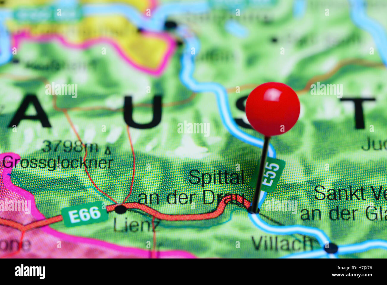 Spittal an der Drau pinned on a map of Austria Stock Photo
