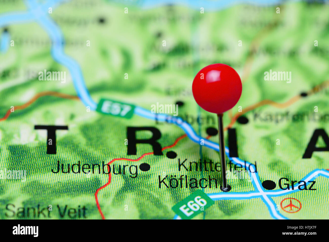 Koflach pinned on a map of Austria Stock Photo
