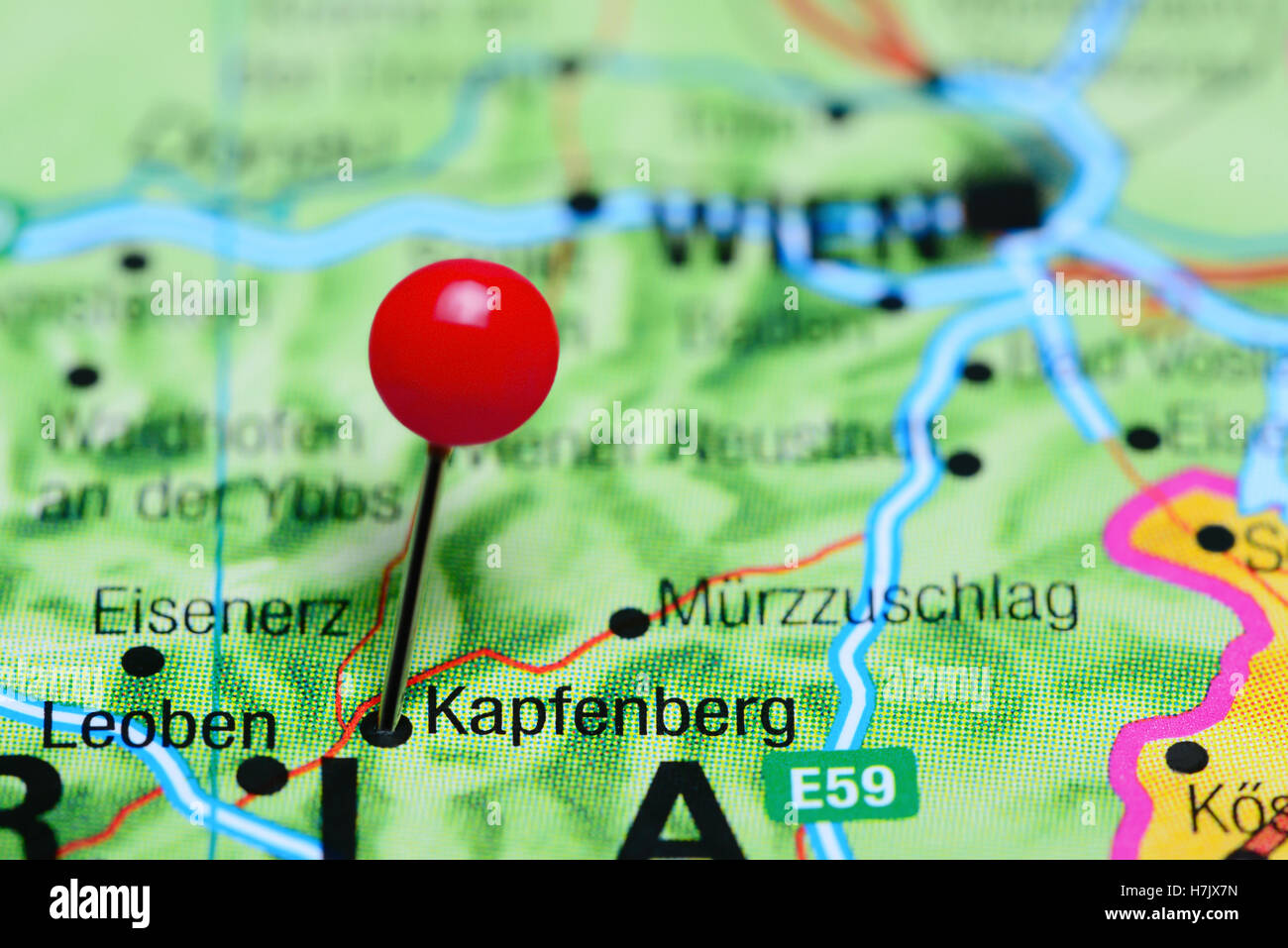 Kapfenberg pinned on a map of Austria Stock Photo