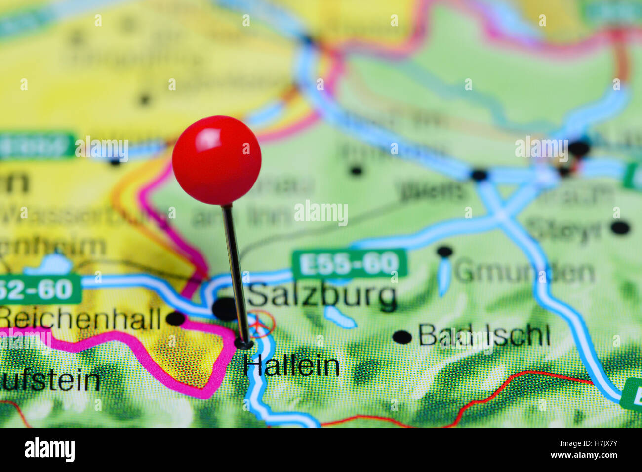 Hallein pinned on a map of Austria Stock Photo