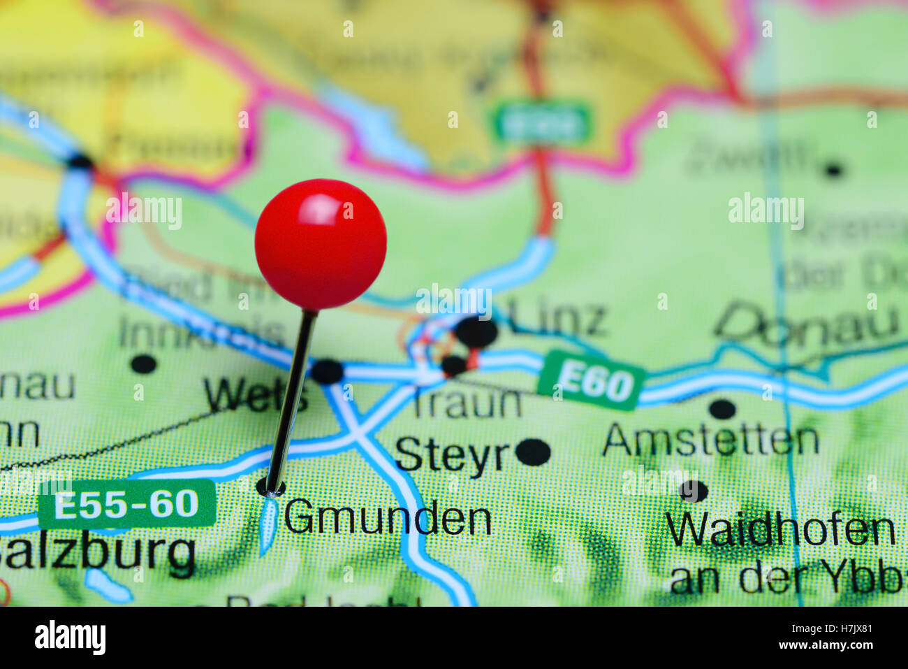 Gmunden pinned on a map of Austria Stock Photo