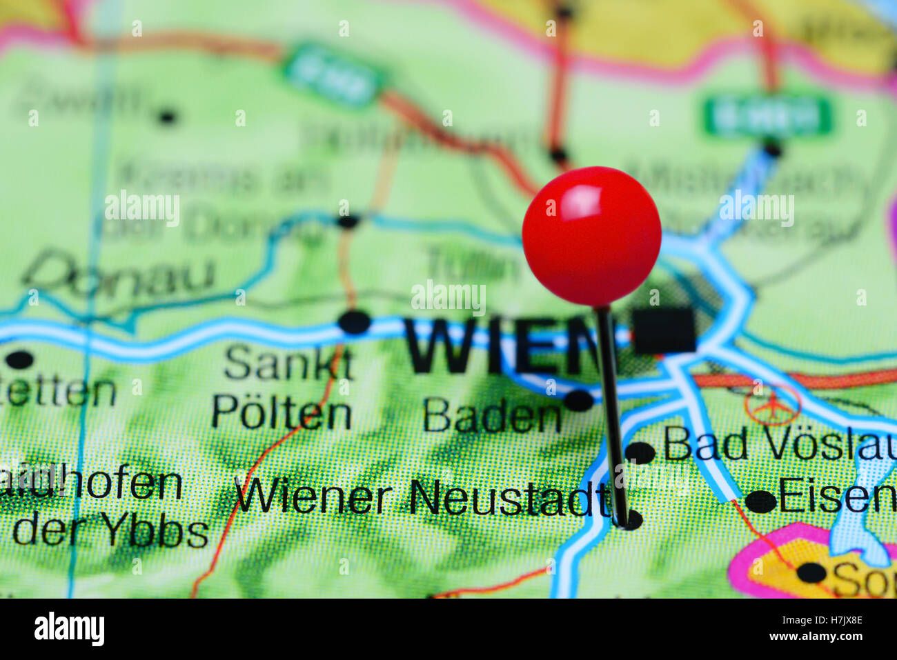 Wiener Neustadt pinned on a map of Austria Stock Photo