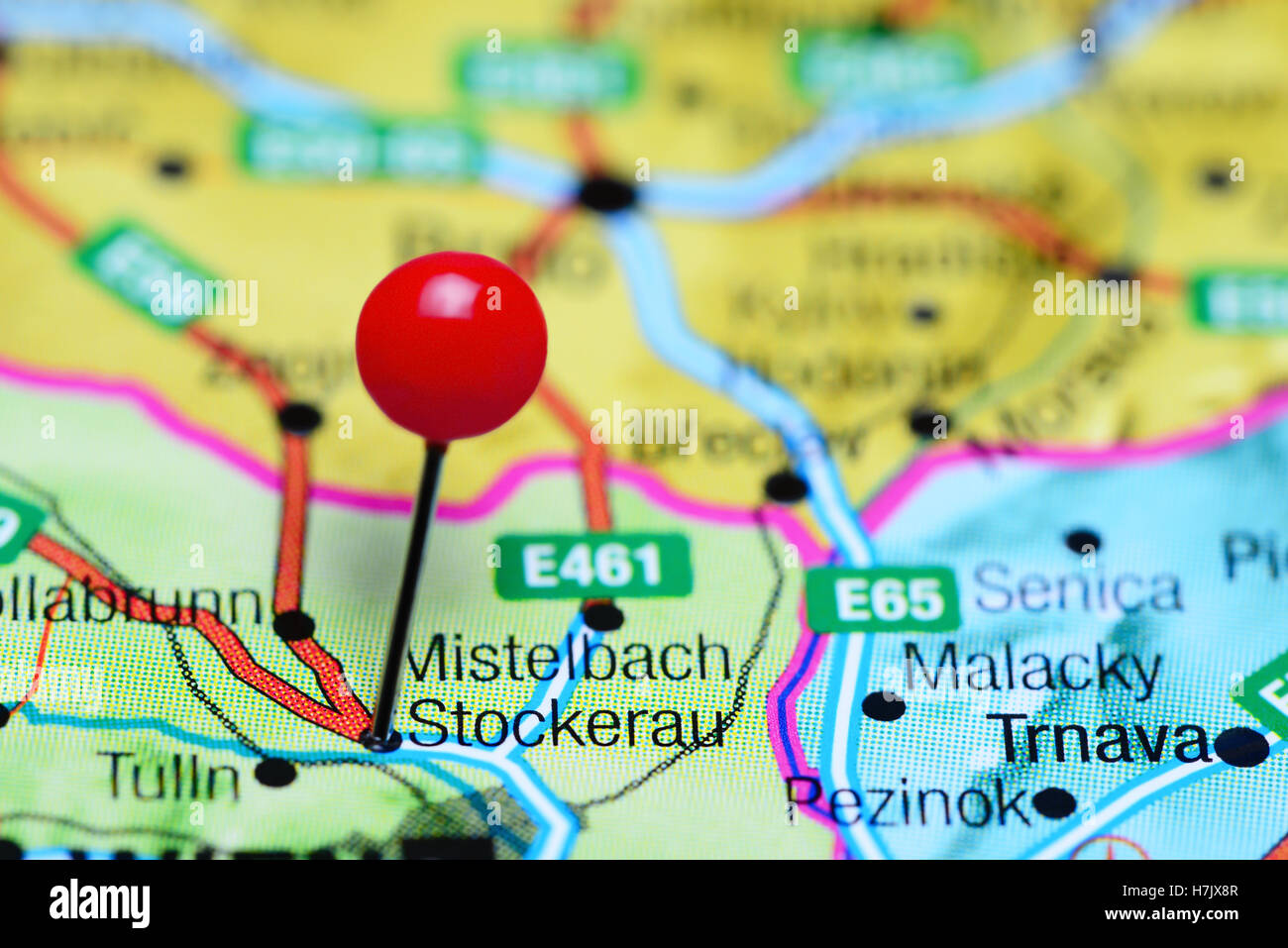 Stockerau pinned on a map of Austria Stock Photo