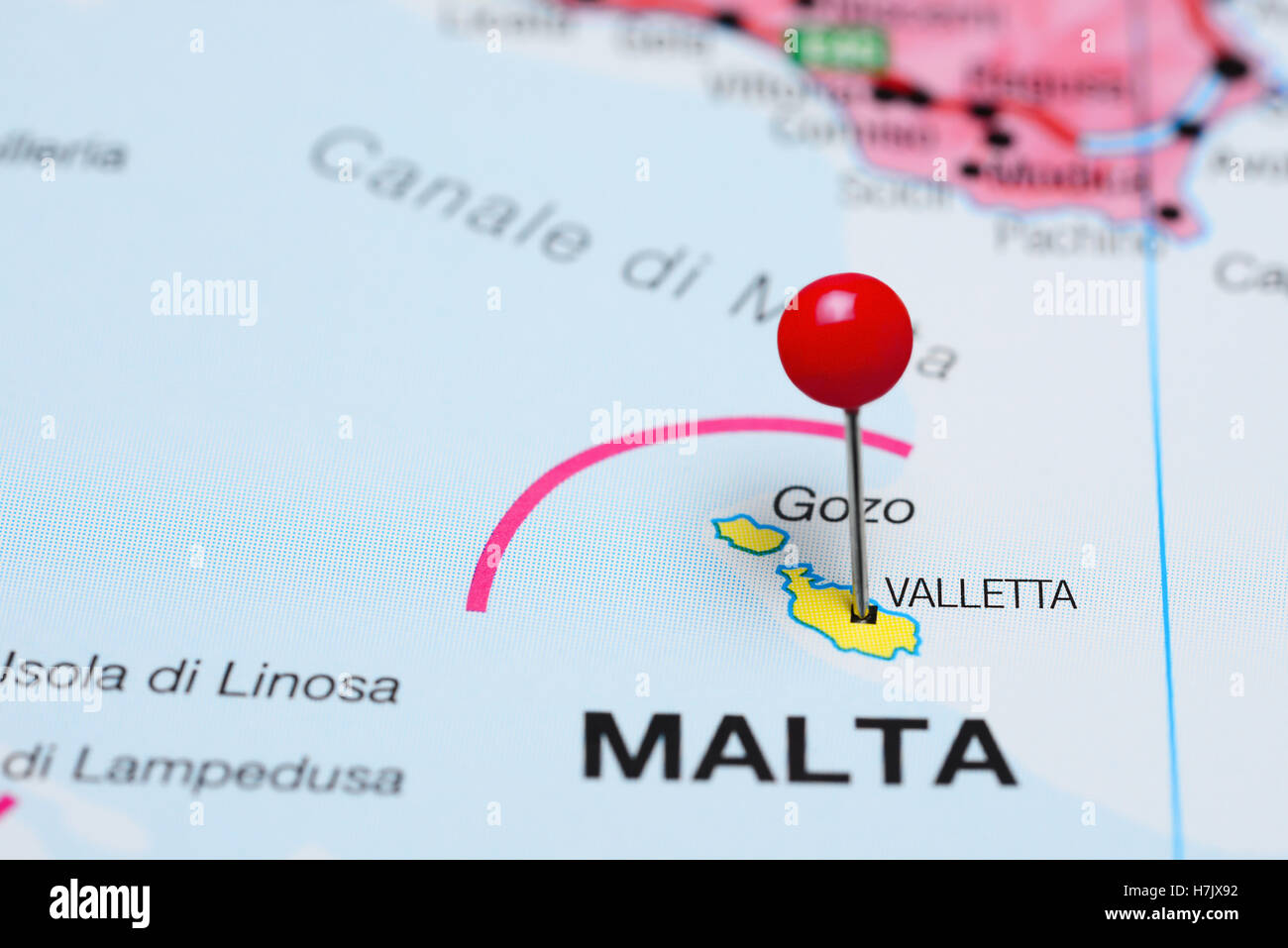 Valletta pinned on a map of Malta Stock Photo