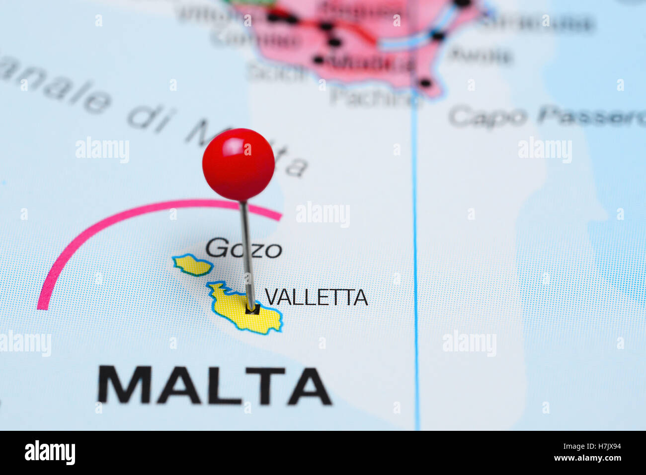 Valletta pinned on a map of Malta Stock Photo