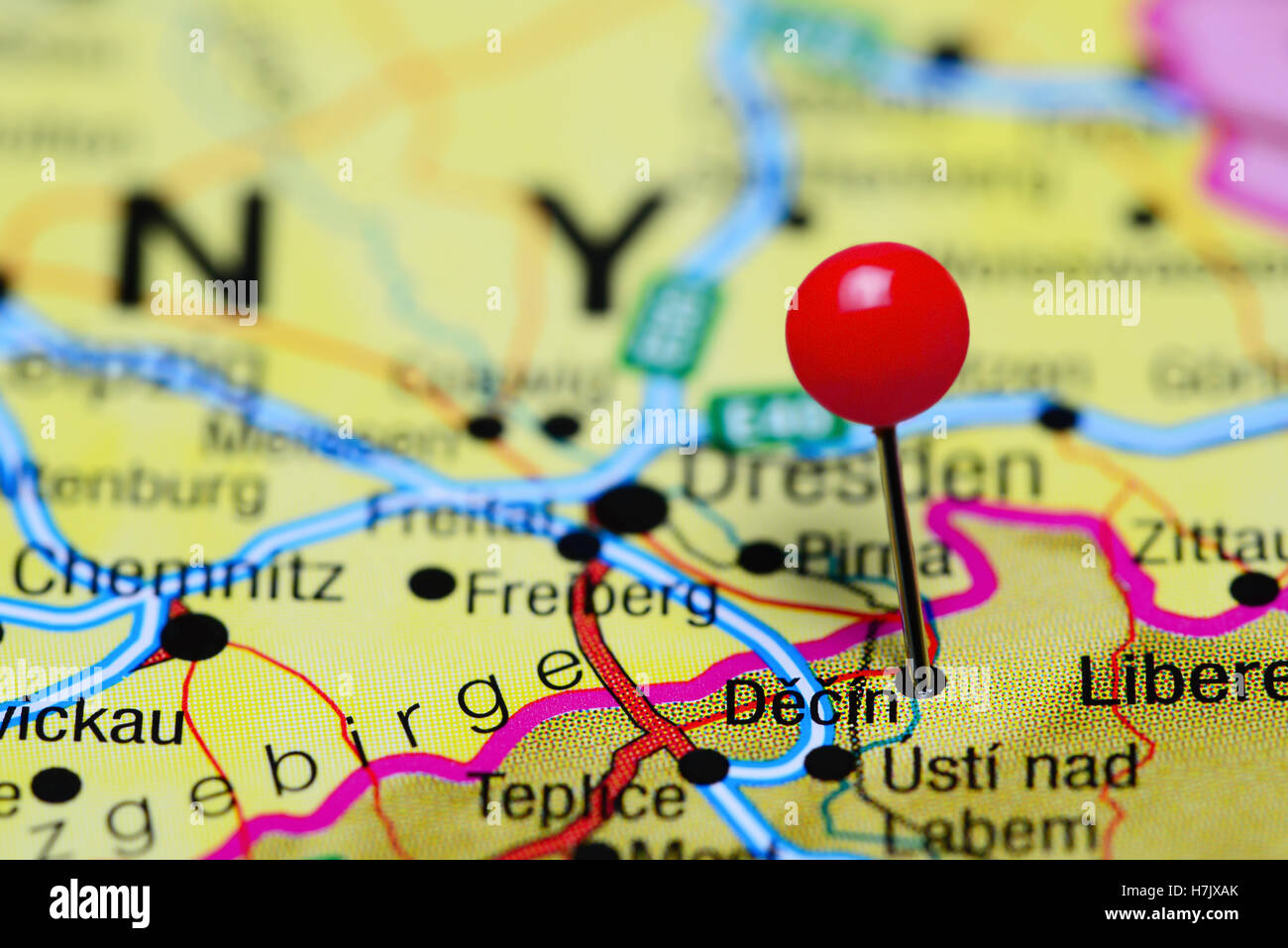 Decin pinned on a map of Czech Republic Stock Photo