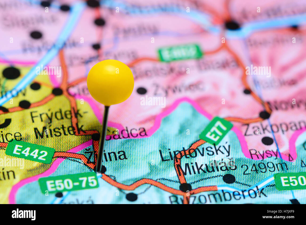 Zilina pinned on a map of Slovakia Stock Photo