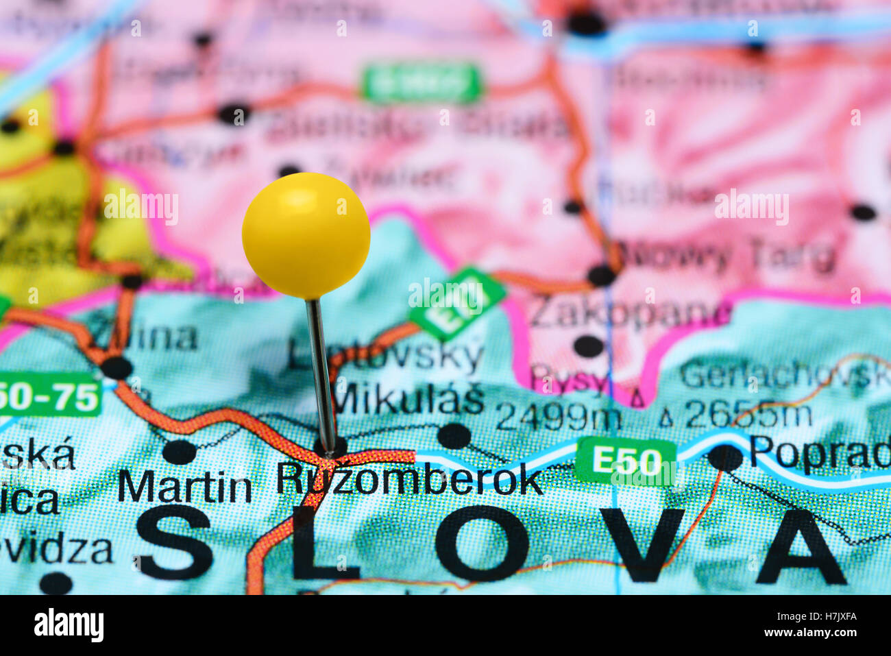 Ruzomberok pinned on a map of Slovakia Stock Photo