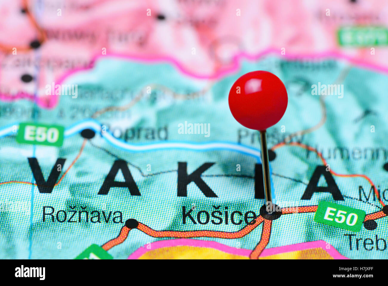 Kosice pinned on a map of Slovakia Stock Photo