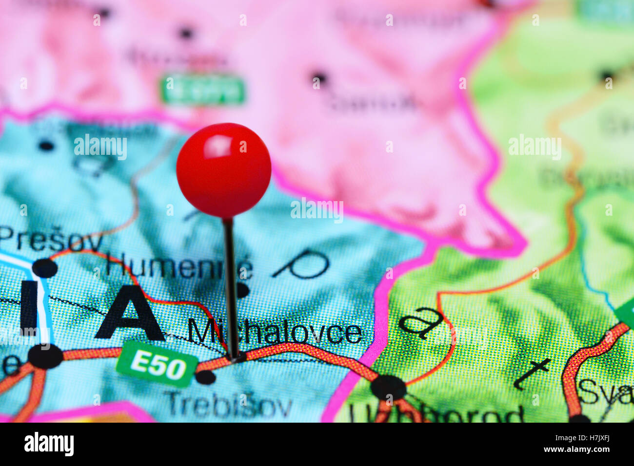 Michalovce pinned on a map of Slovakia Stock Photo