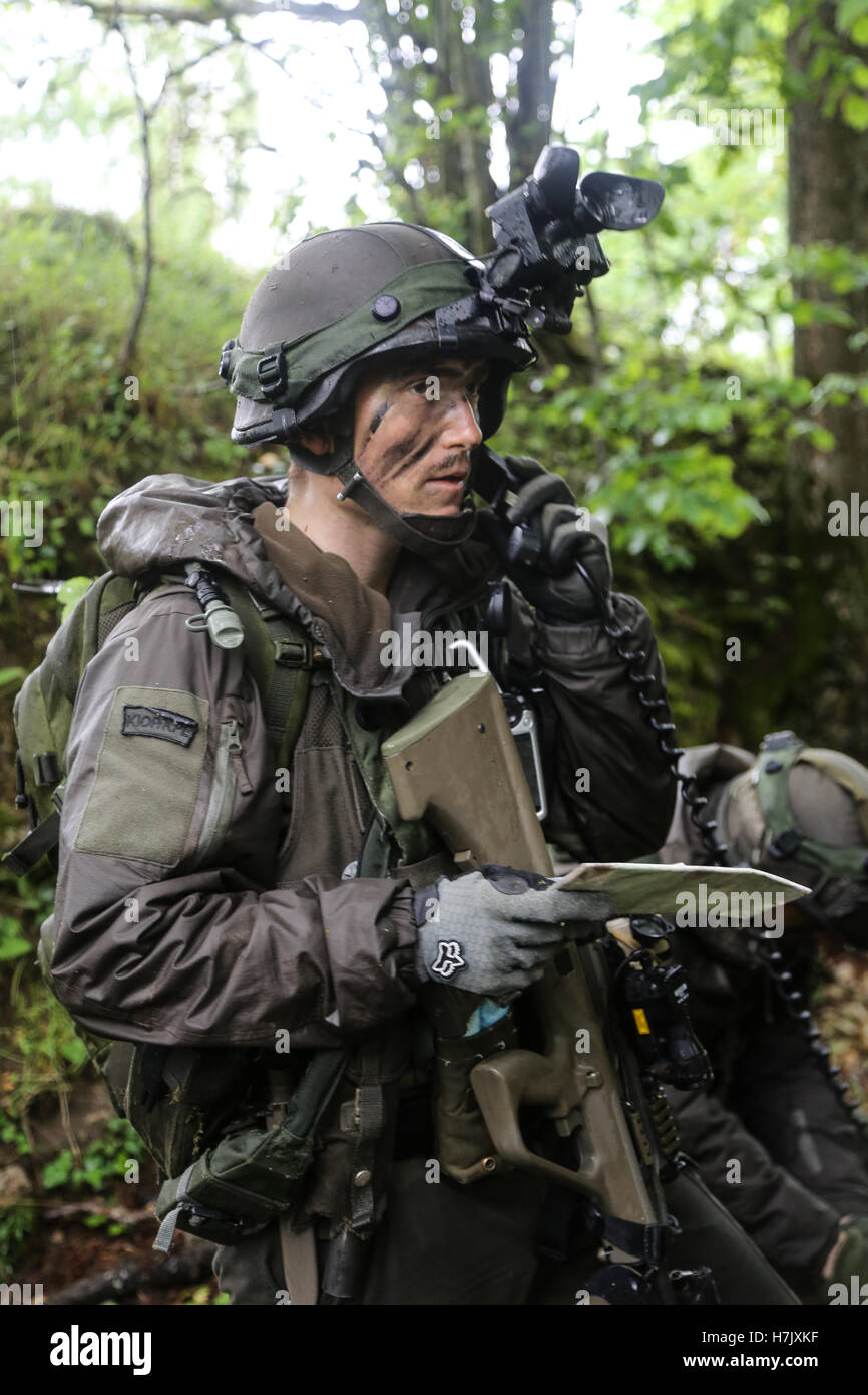 An Austrian soldier during a Combined Resolve II action training exercise at the Joint Multinational Readiness Center May 29, 2014 in Hohenfels, Germany. Stock Photo