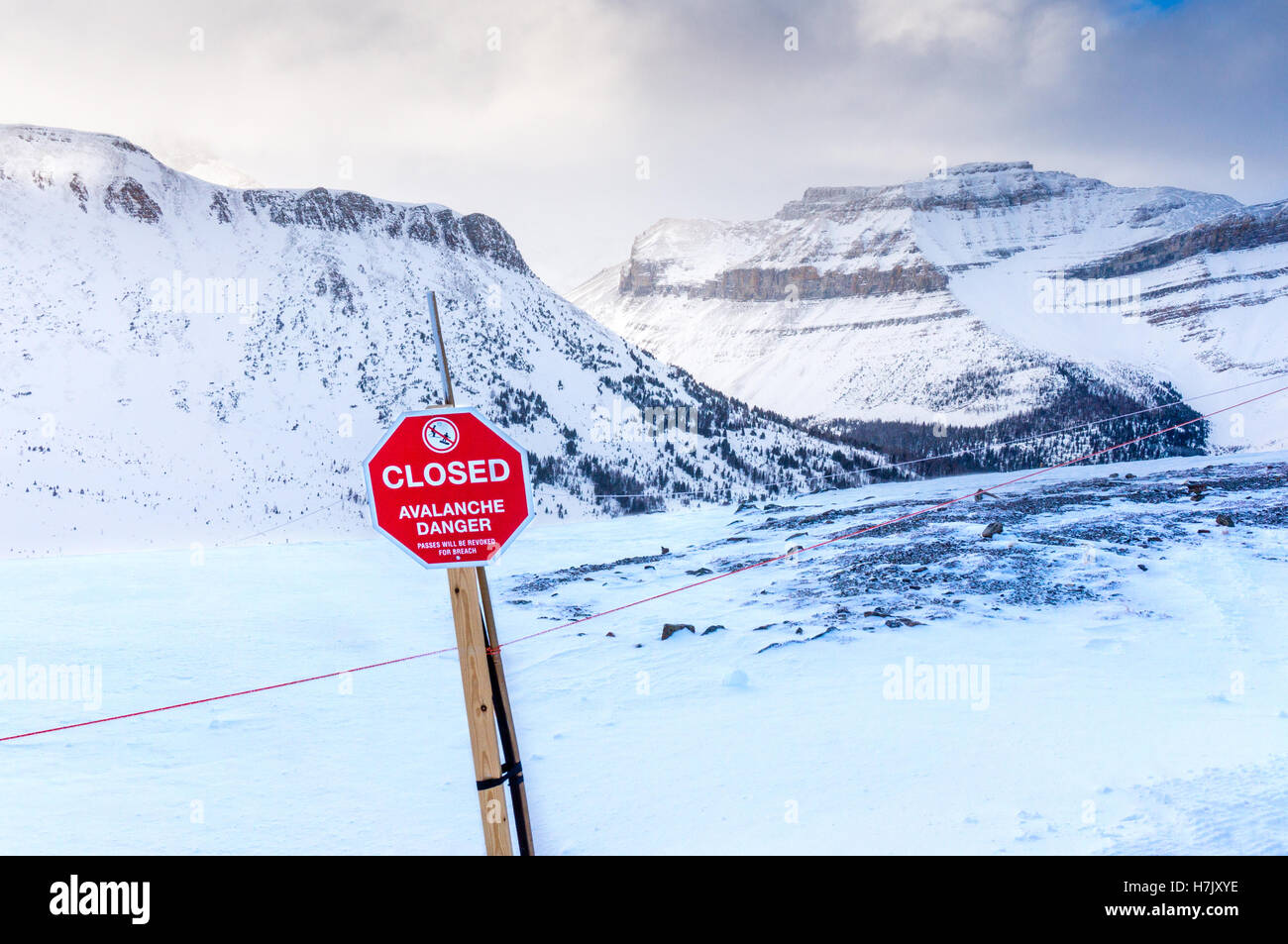 An avalanche danger sign at Lake Louise Ski Resort. Stock Photo