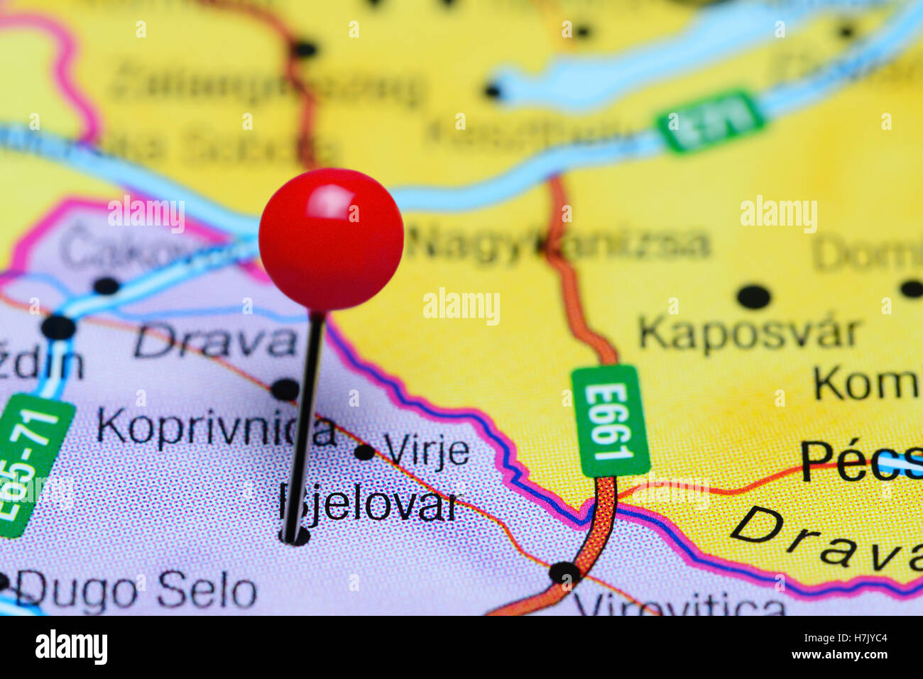 Bjelovar pinned on a map of Croatia Stock Photo