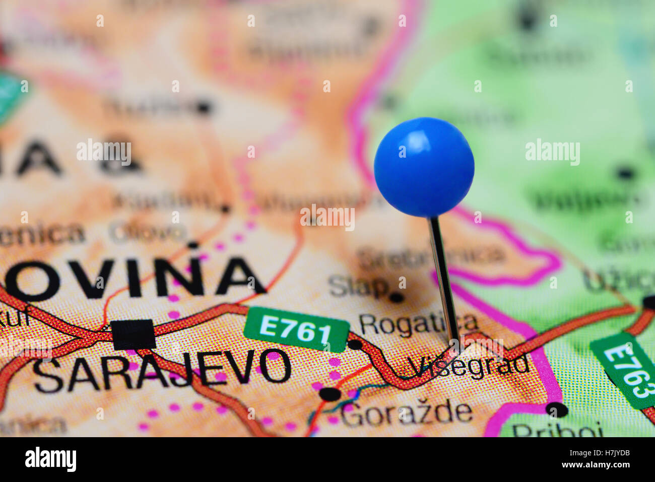 Visegrad pinned on a map of Bosnia and Herzegovina Stock Photo - Alamy