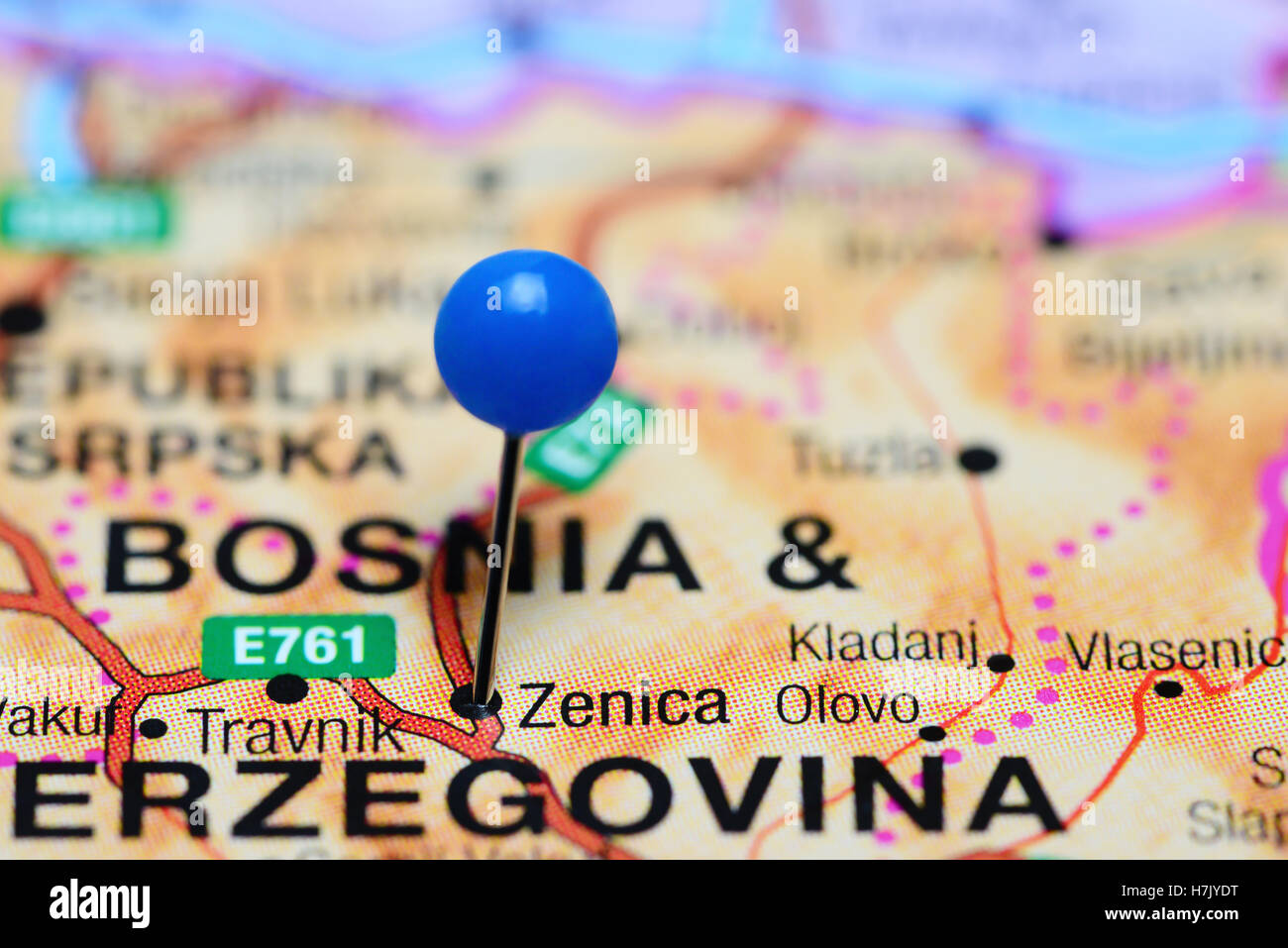 Zenica pinned on a map of Bosnia and Herzegovina Stock Photo