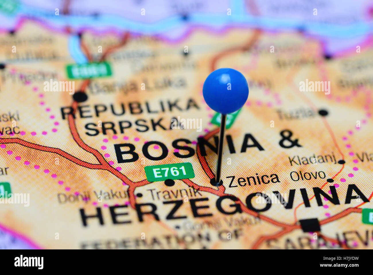 Zenica pinned on a map of Bosnia and Herzegovina Stock Photo