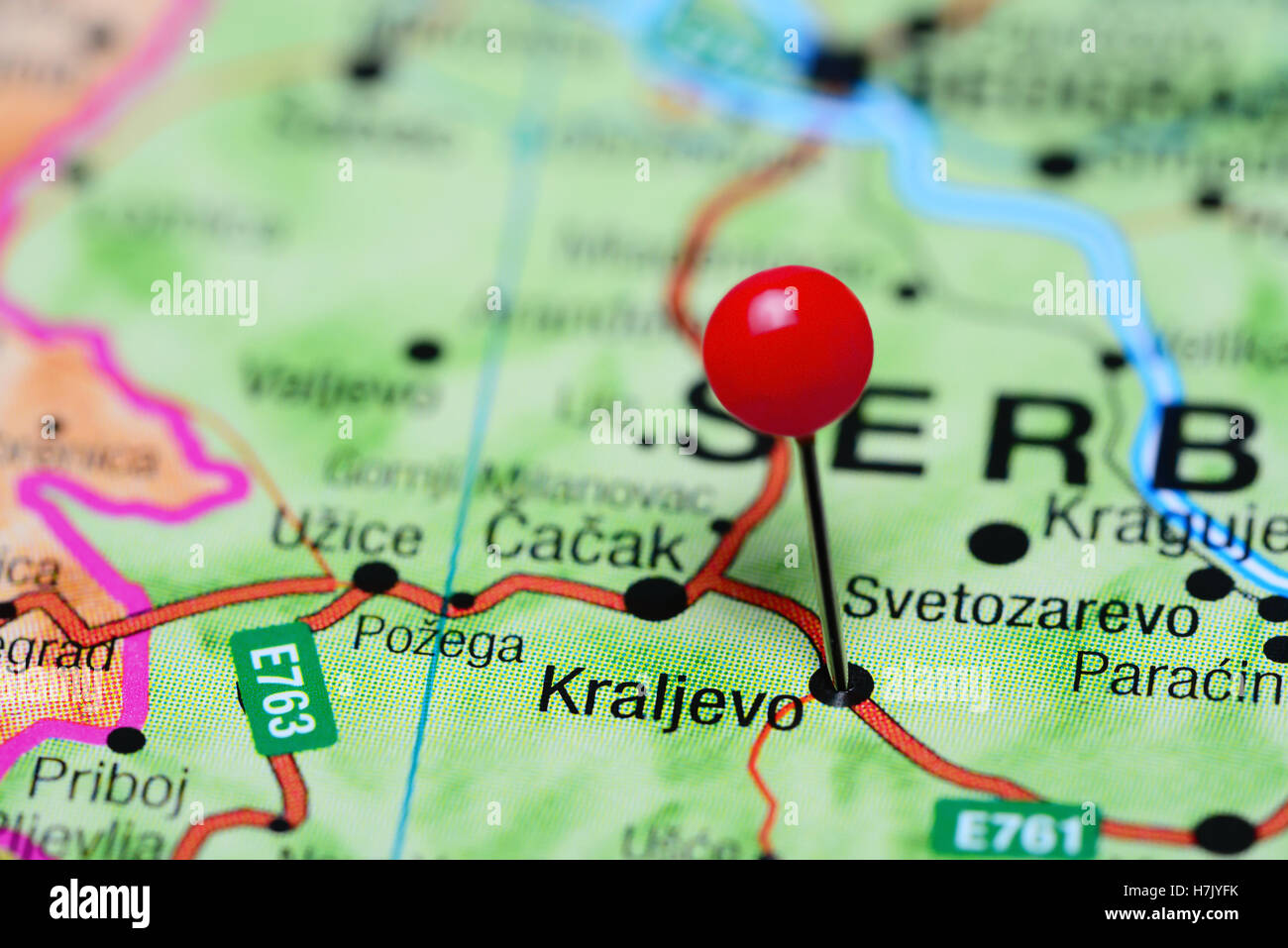 Kraljevo pinned on a map of Serbia Stock Photo