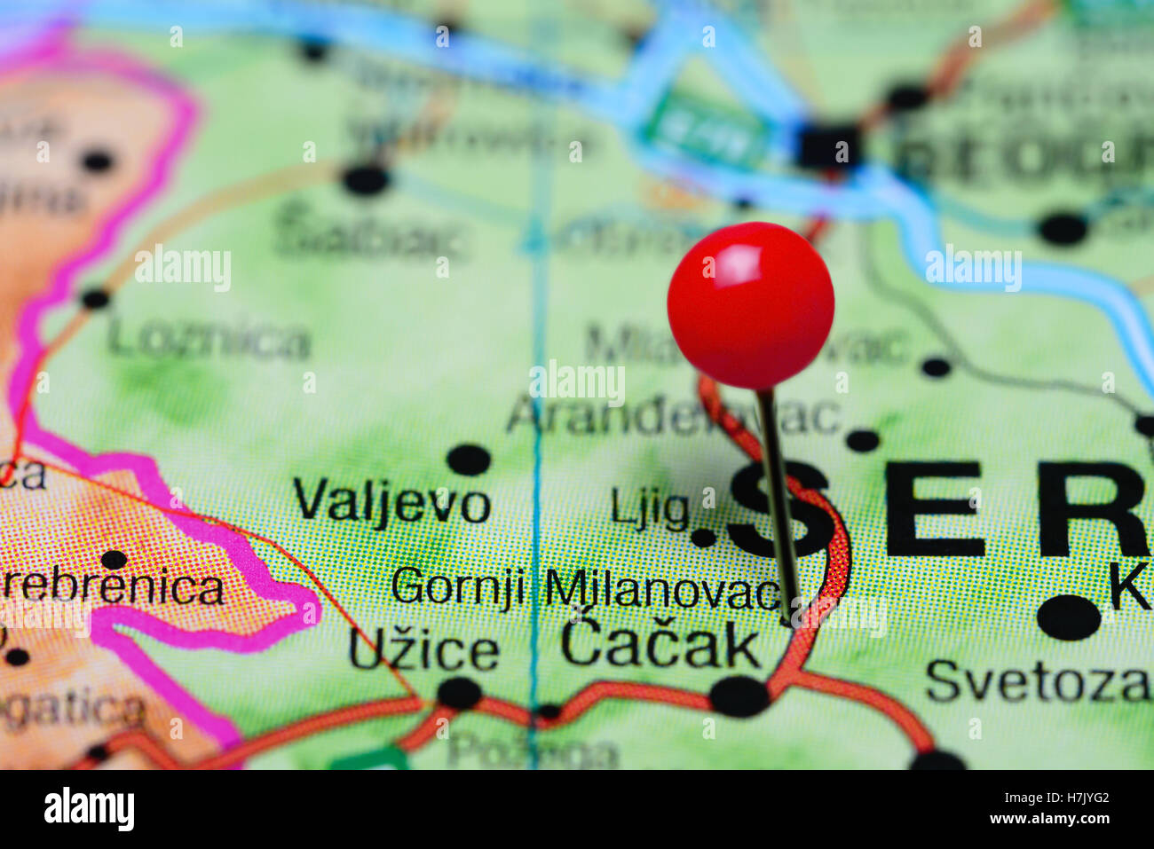 Gornji Milanovac pinned on a map of Serbia Stock Photo