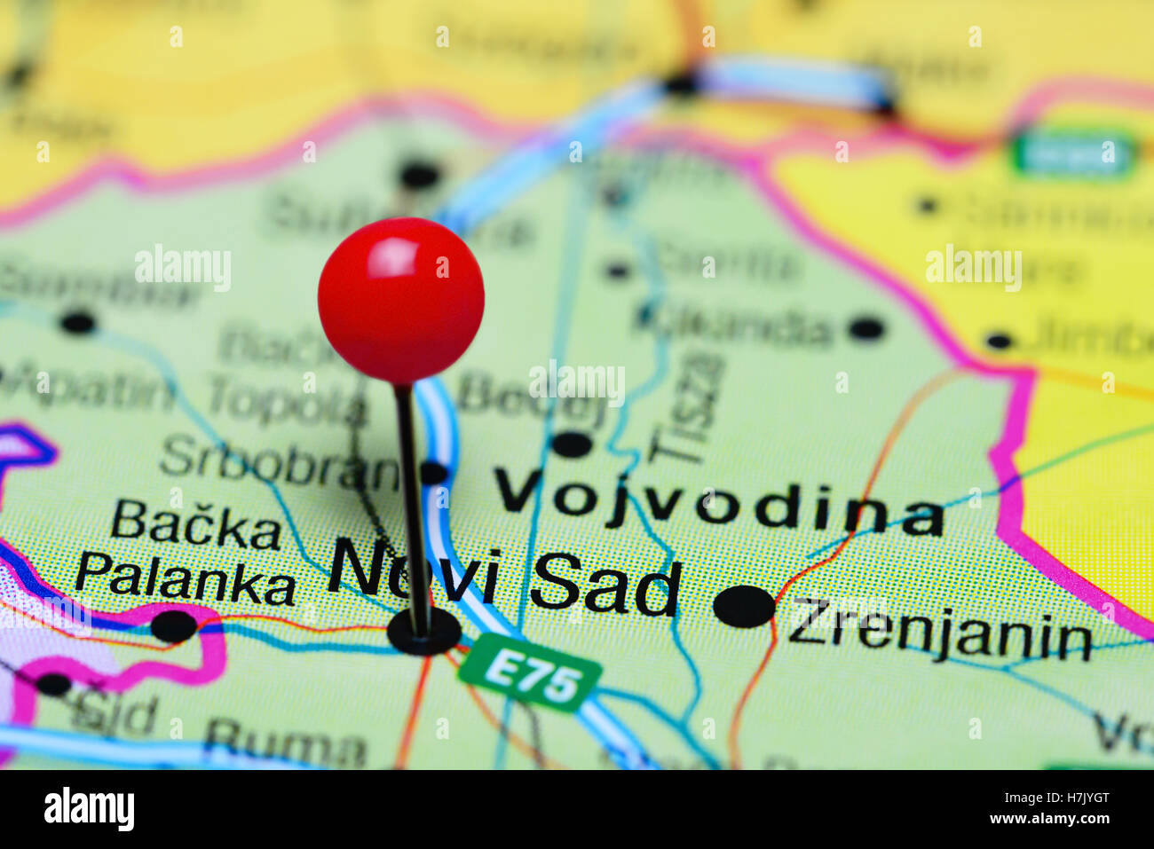 Novi Sad pinned on a map of Serbia Stock Photo