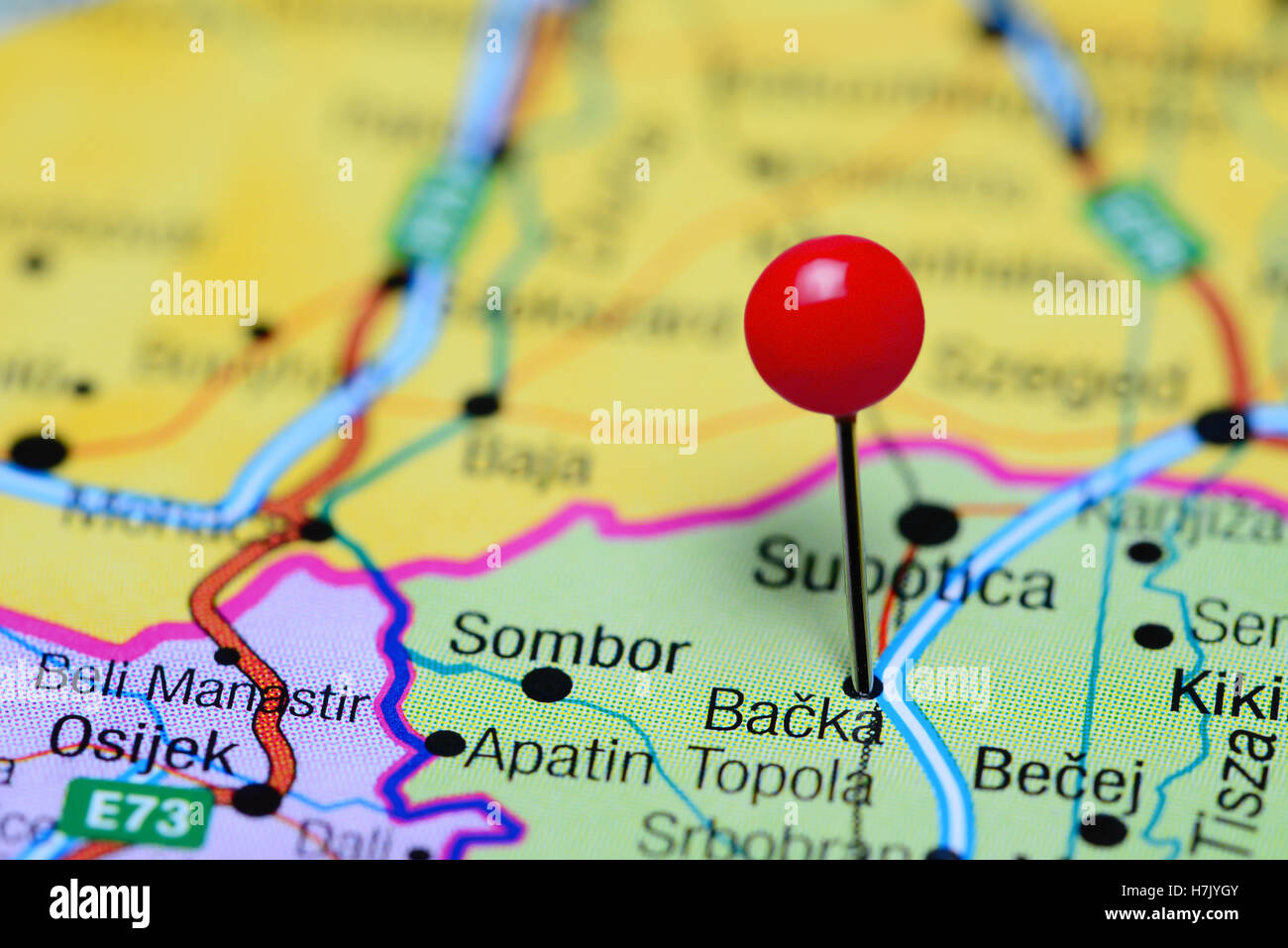Backa Topola pinned on a map of Serbia Stock Photo