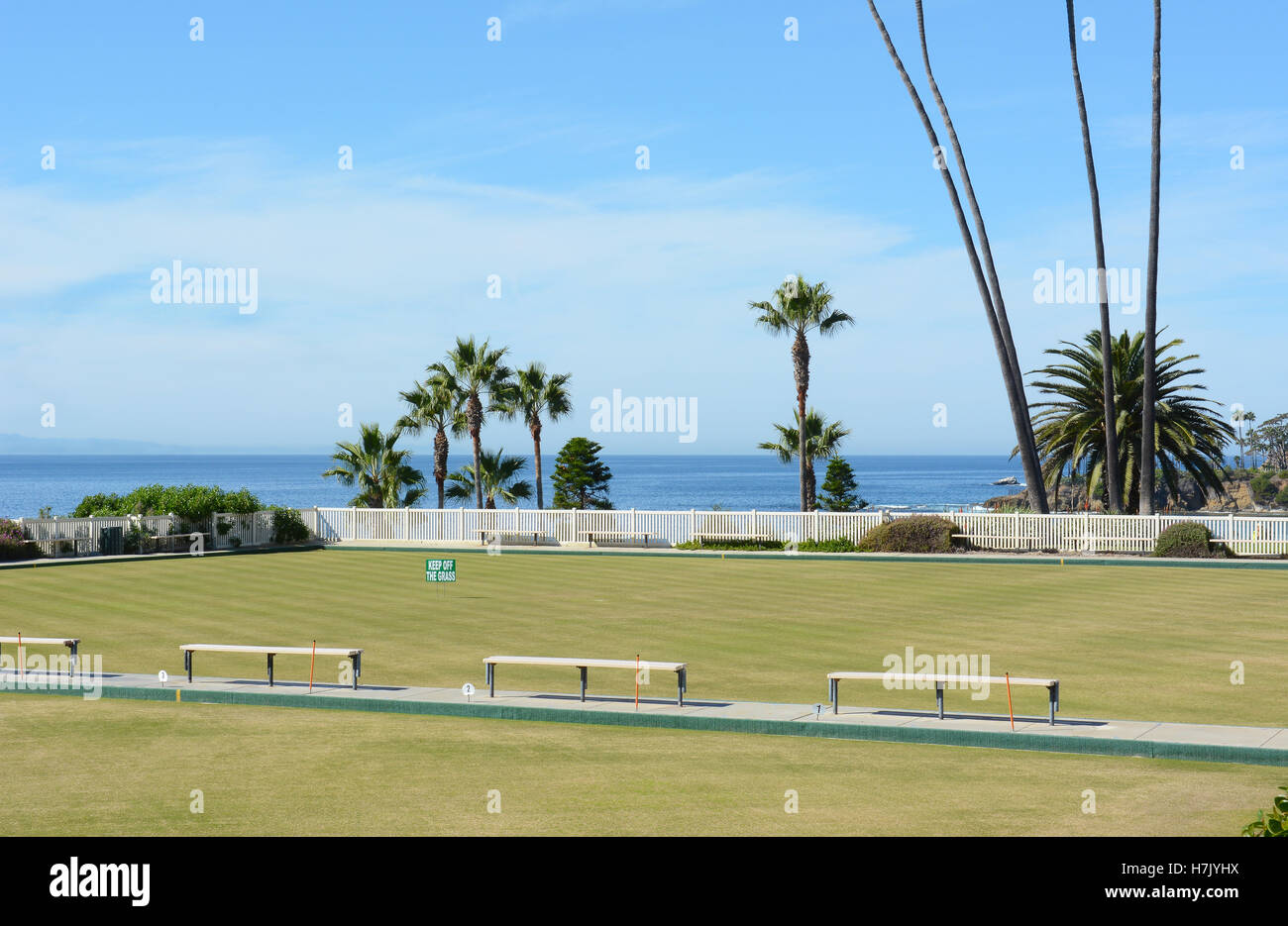 Laguna Beach Lawn Bowling Club on Cliff Drive. Adjacent to Heisler Park on the bluff overlooking the Pacific Ocean with Catalina Stock Photo