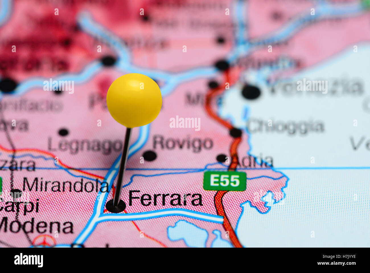 Ferrara pinned on a map of Italy Stock Photo