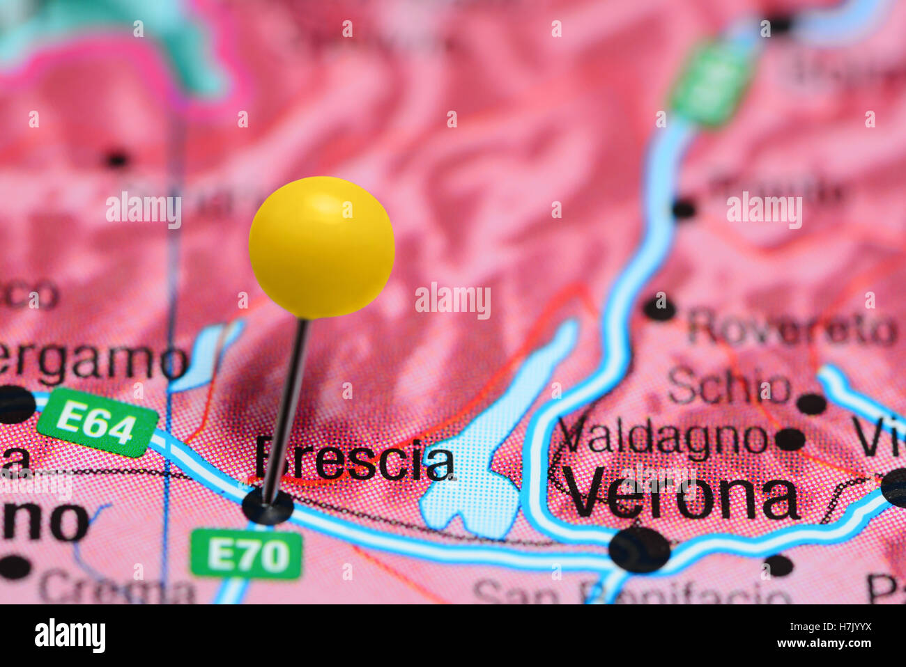 Brescia pinned on a map of Italy Stock Photo