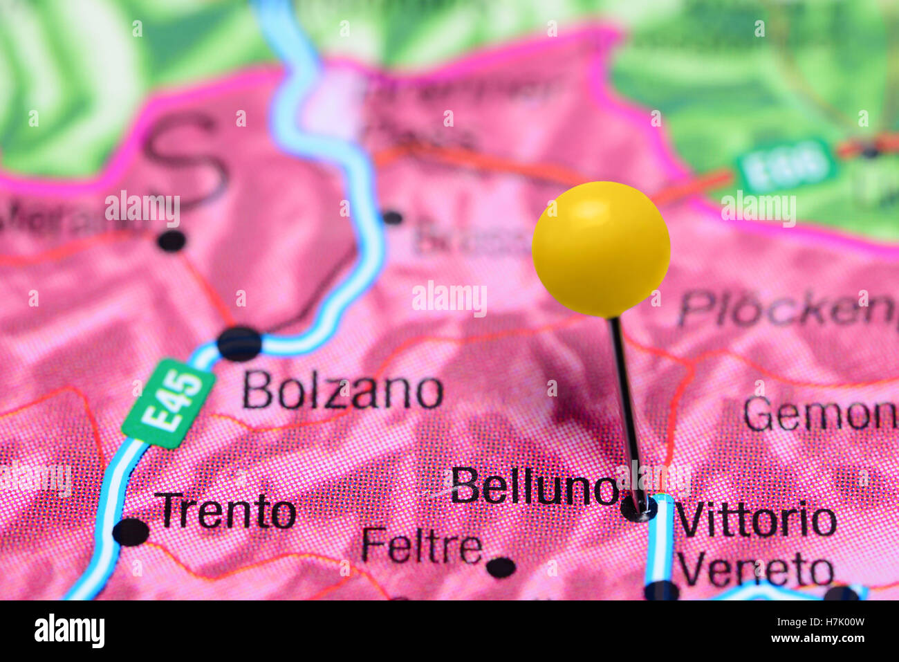 Belluno pinned on a map of Italy Stock Photo
