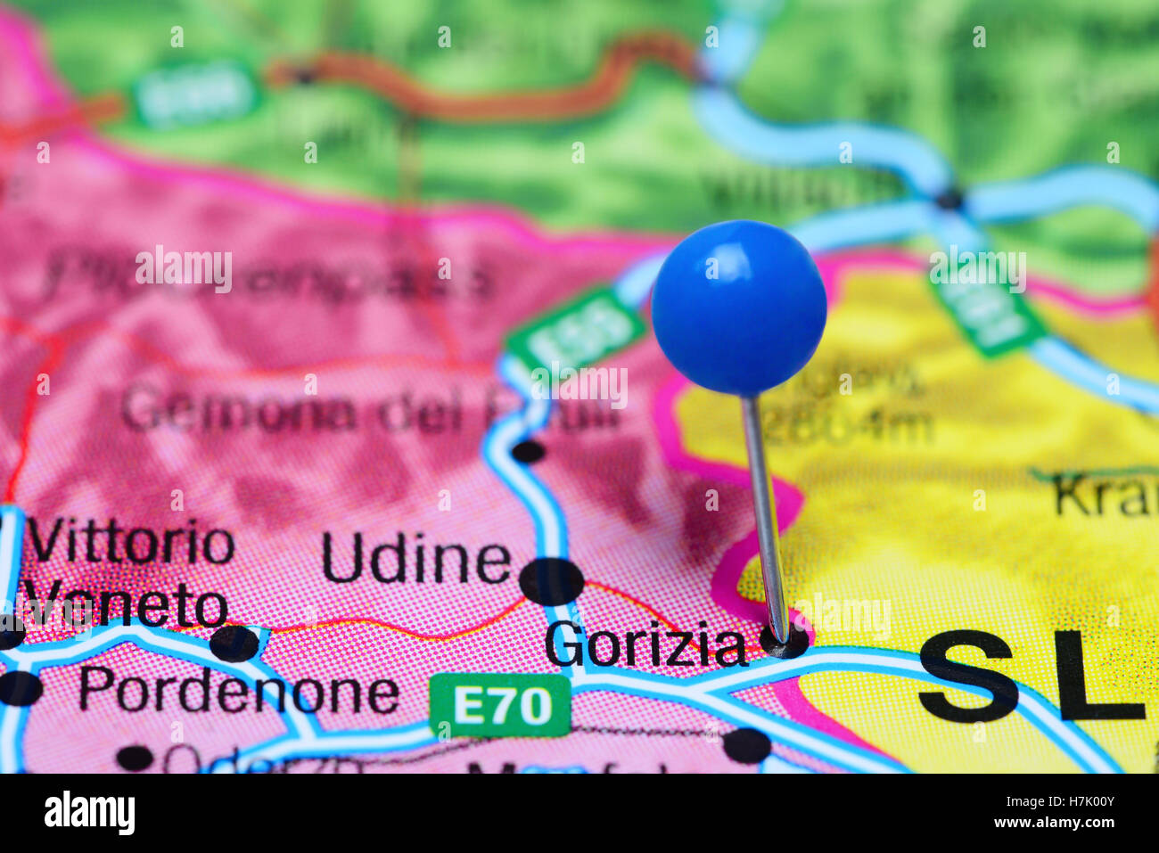 Gorizia pinned on a map of Italy Stock Photo