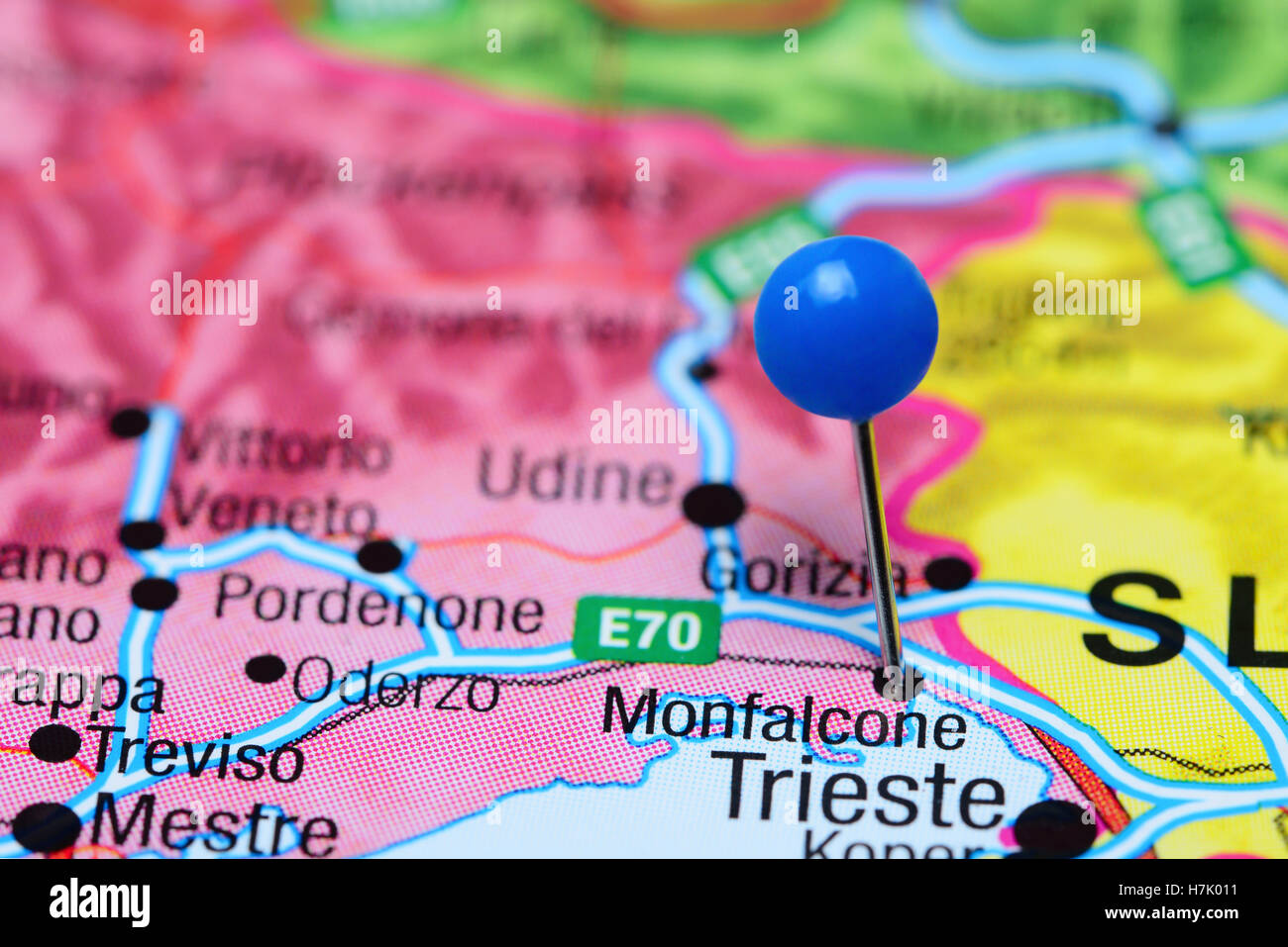 Monfalcone pinned on a map of Italy Stock Photo