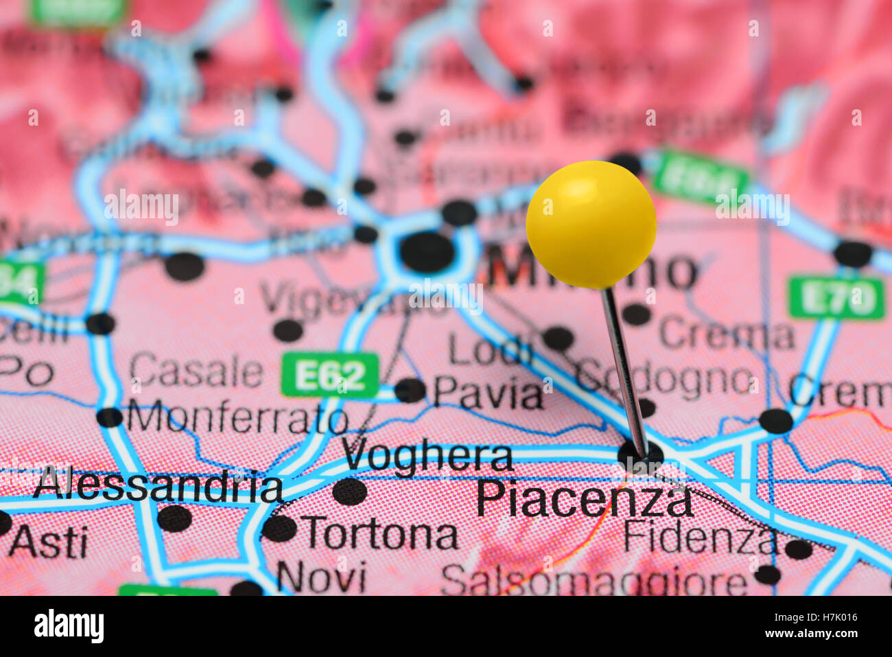 Piacenza pinned on a map of Italy Stock Photo