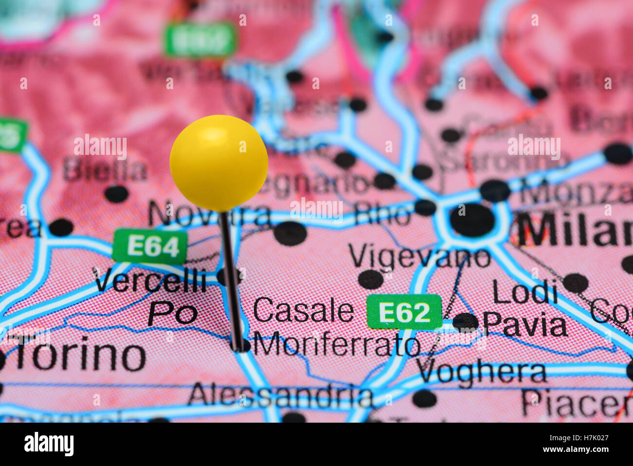 Casale Monferrato pinned on a map of Italy Stock Photo
