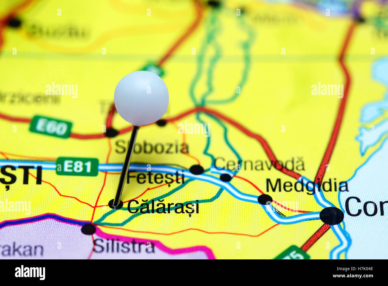 Calarasi pinned on a map of Romania Stock Photo