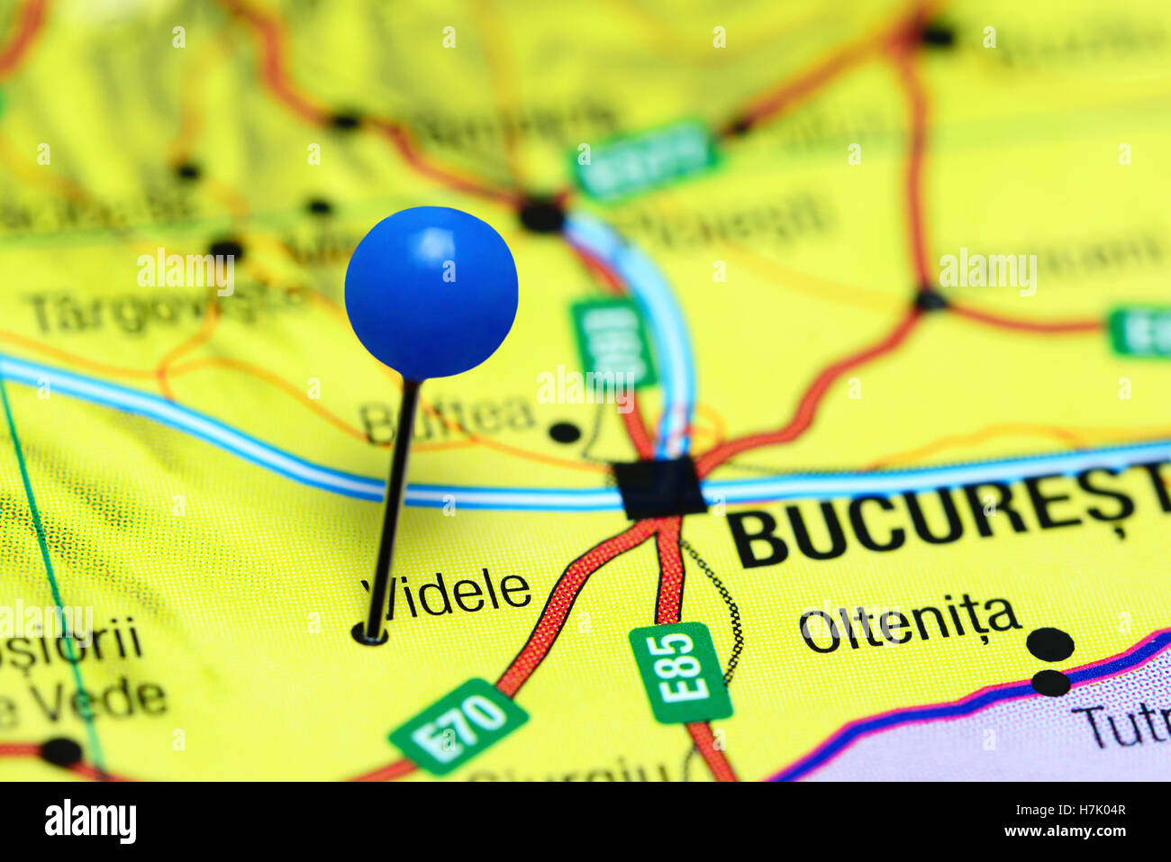 Videle pinned on a map of Romania Stock Photo