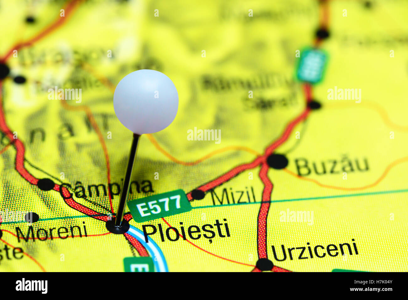 Ploiesti pinned on a map of Romania Stock Photo