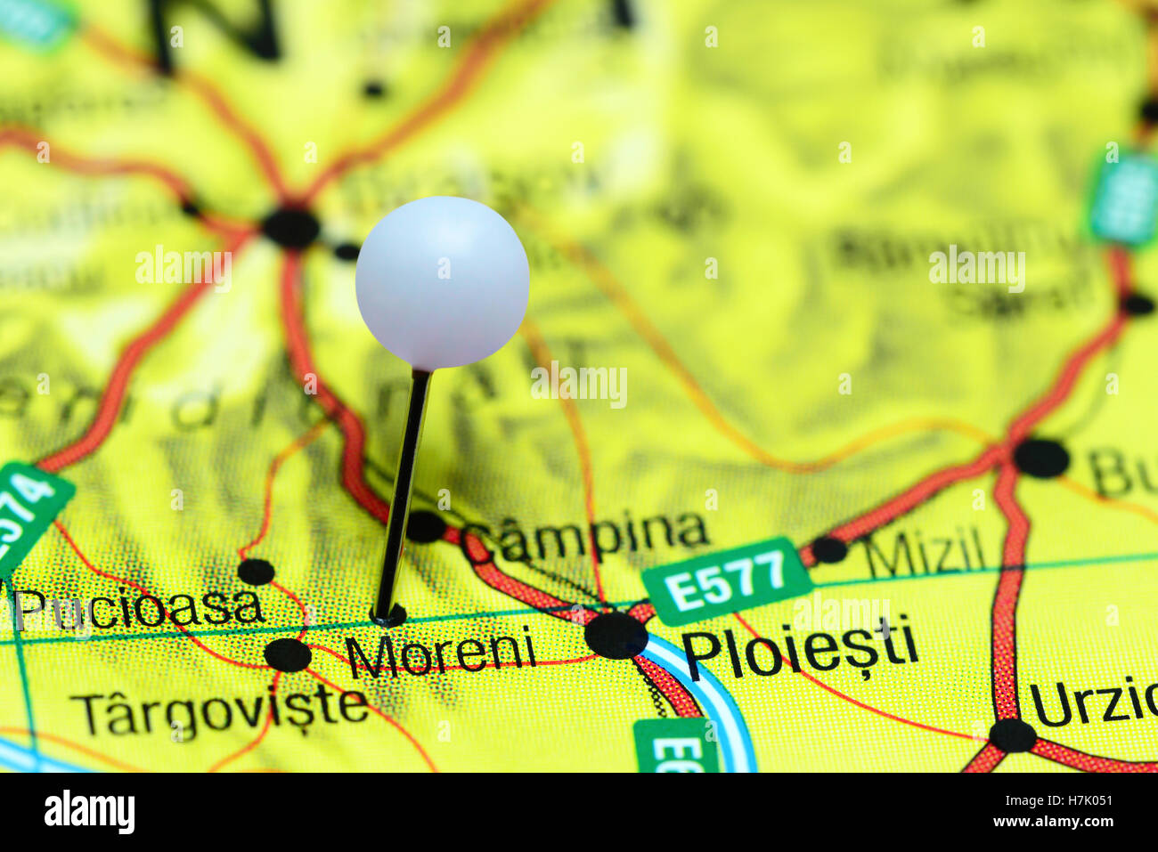 Moreni pinned on a map of Romania Stock Photo