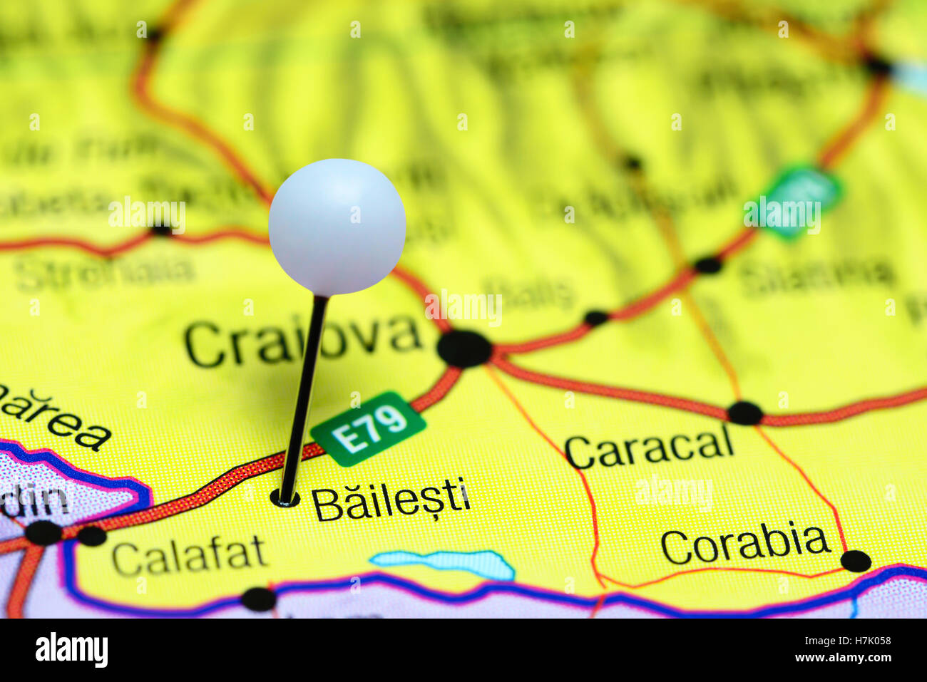 Bailesti pinned on a map of Romania Stock Photo