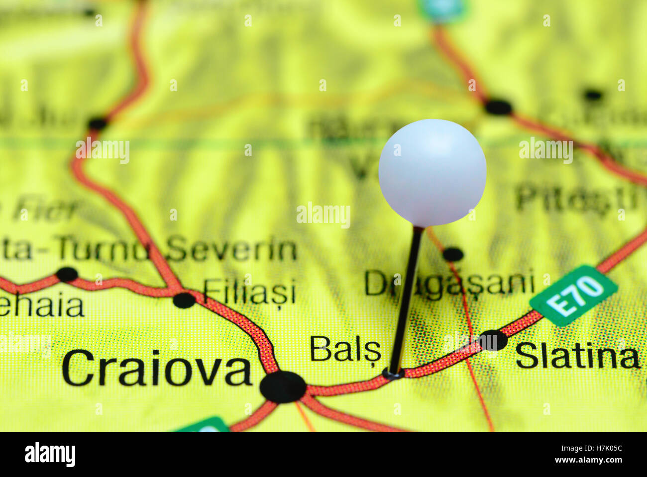 Bals pinned on a map of Romania Stock Photo