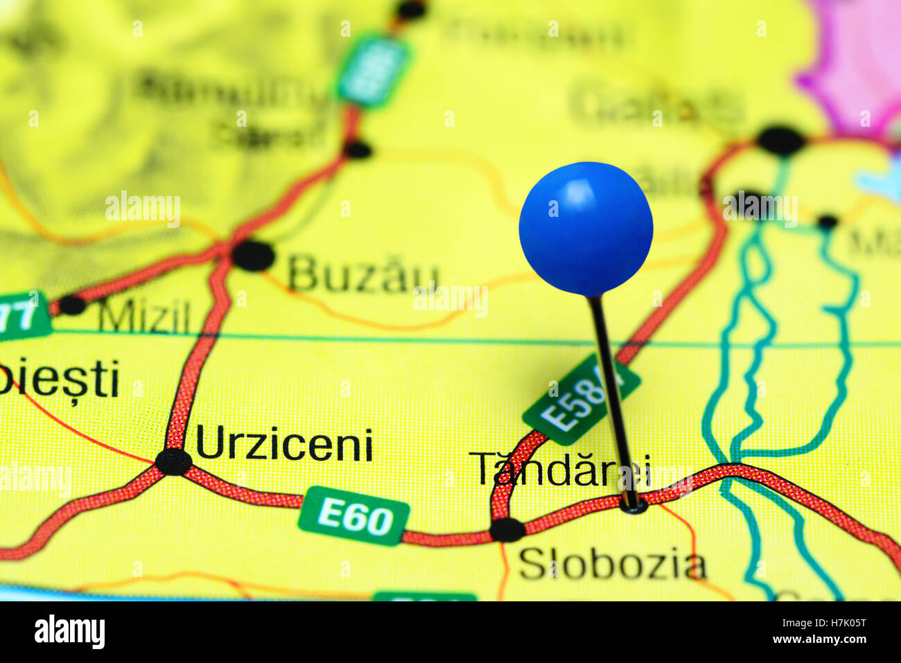 Tandarei pinned on a map of Romania Stock Photo