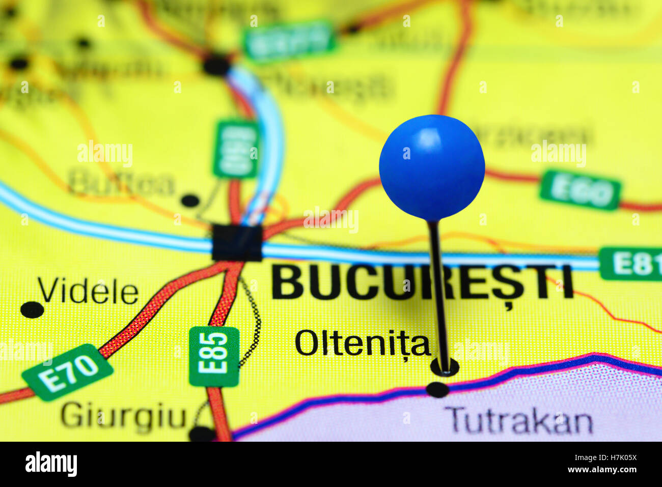 Oltenita pinned on a map of Romania Stock Photo