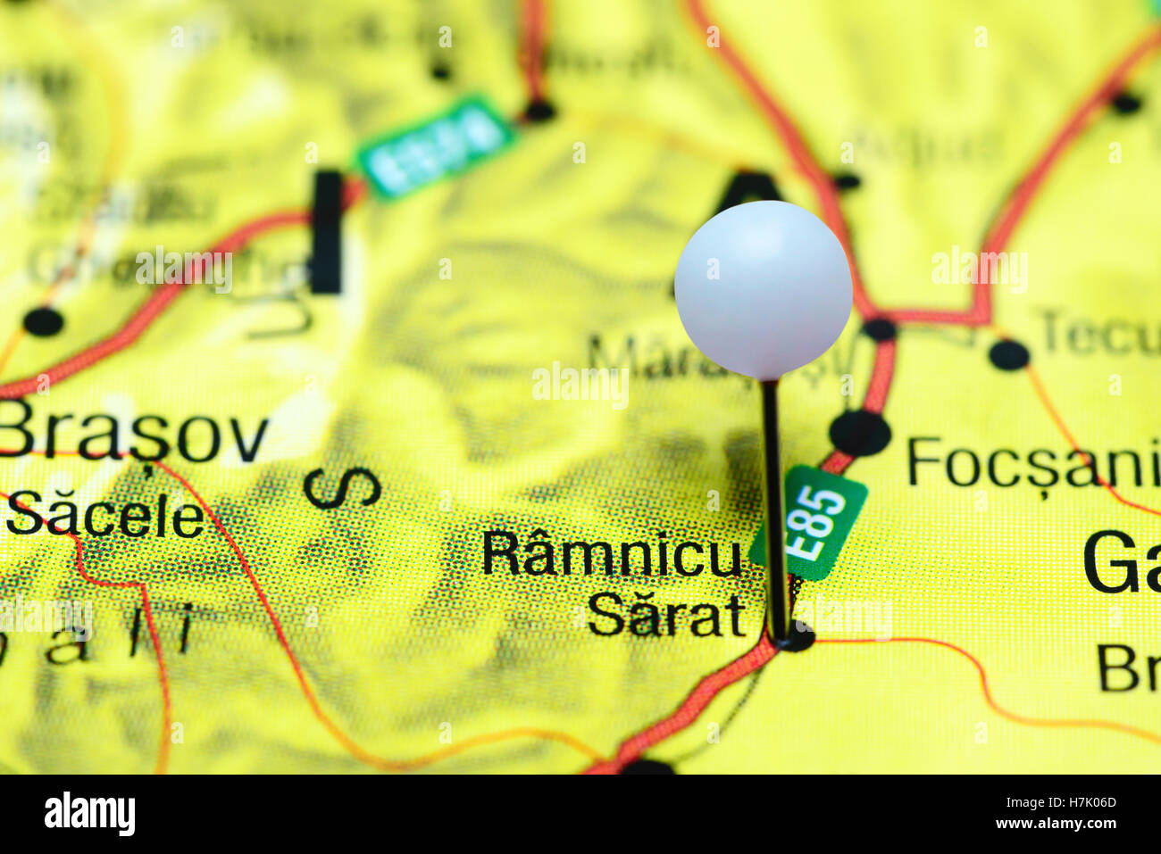 Ramnicu Sarat pinned on a map of Romania Stock Photo - Alamy