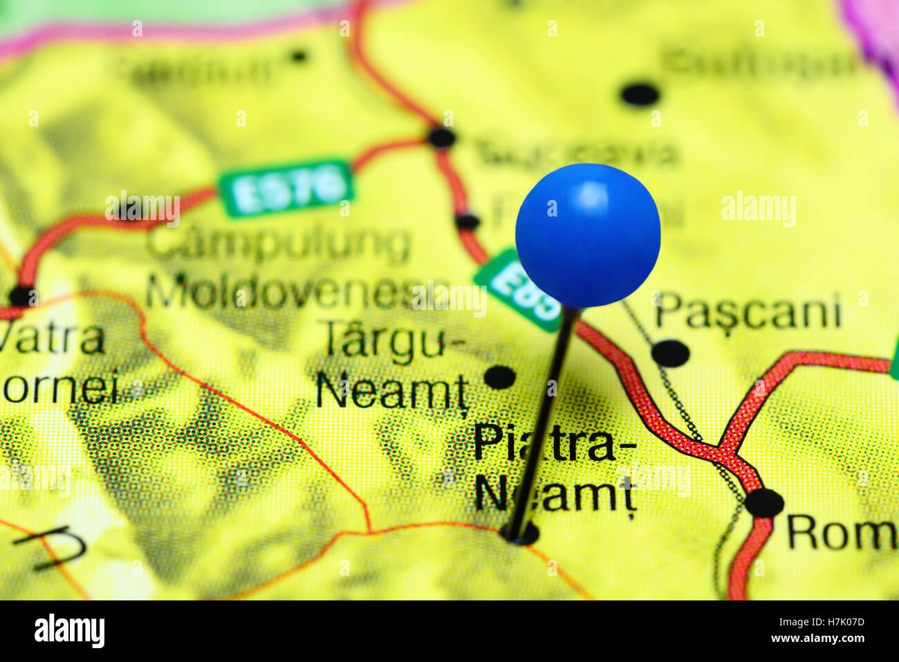 Piatra-Neamt pinned on a map of Romania Stock Photo