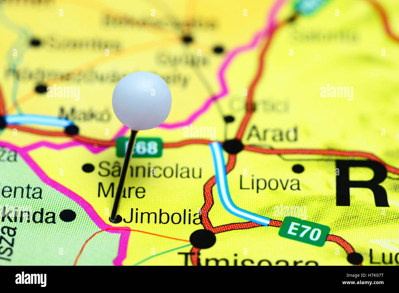 Jimbolia pinned on a map of Romania Stock Photo