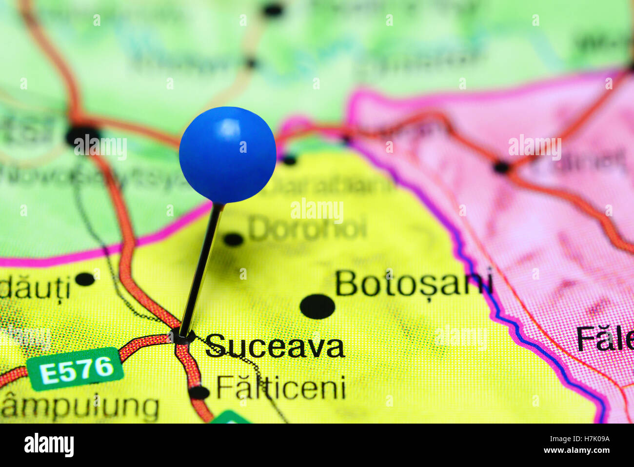 Suceava pinned on a map of Romania Stock Photo