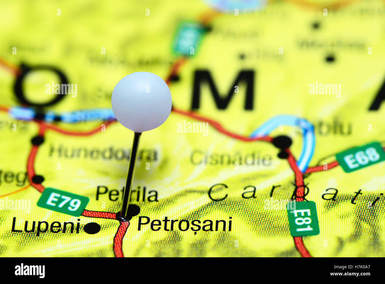 Petrosani pinned on a map of Romania Stock Photo - Alamy