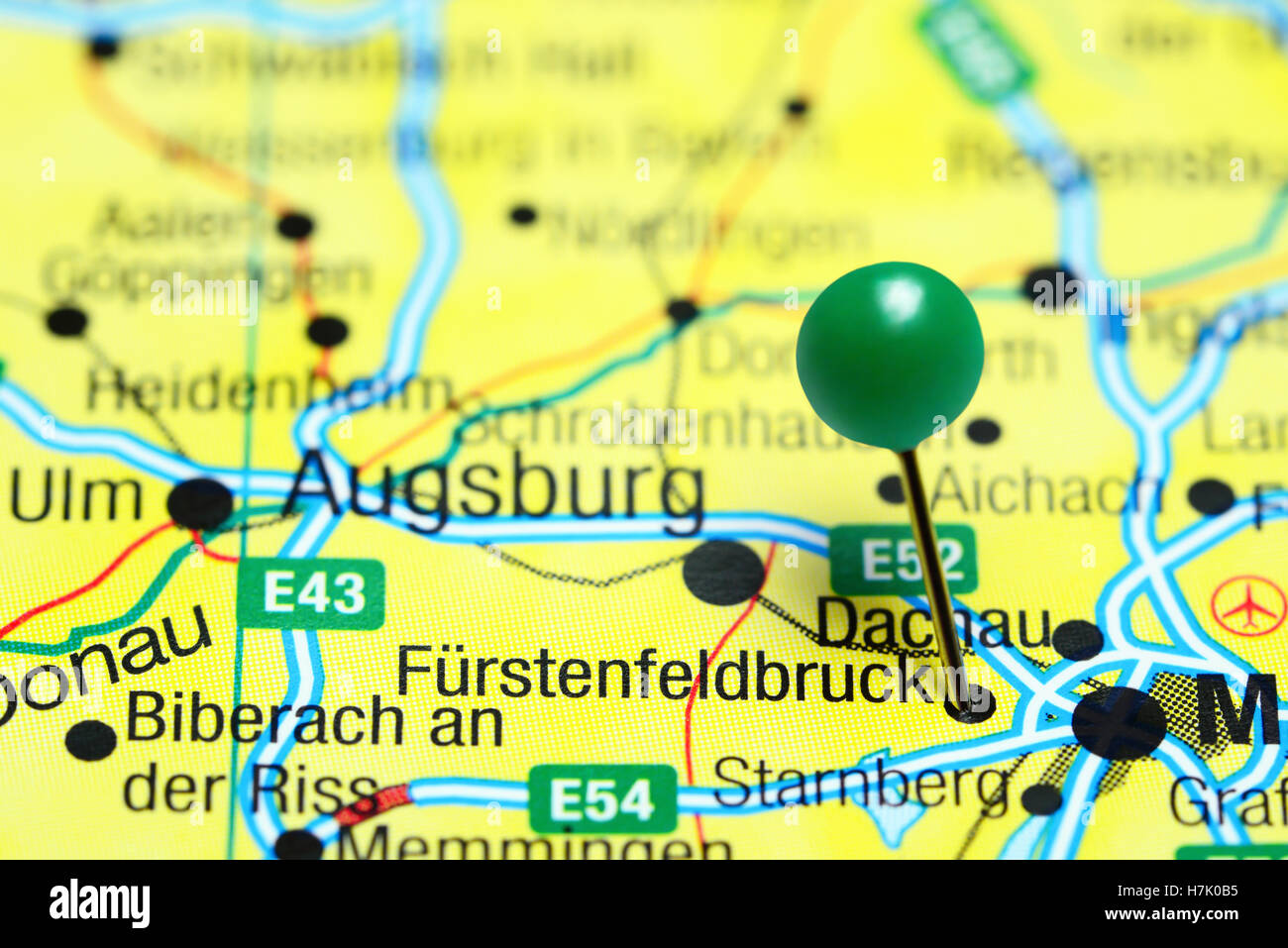 Furstenfeldbruck pinned on a map of Germany Stock Photo
