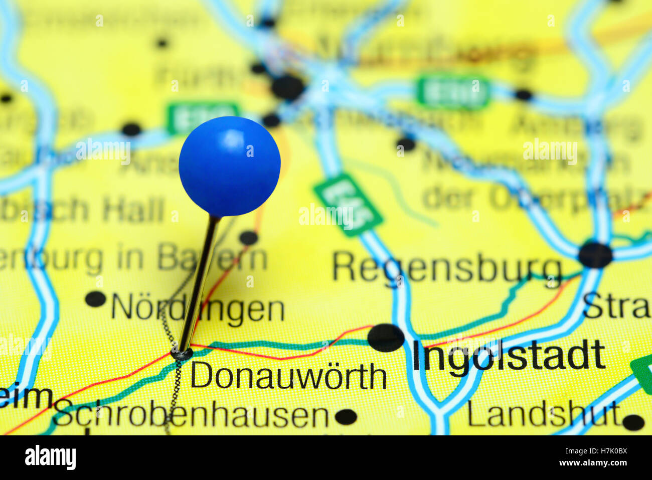 Donauworth pinned on a map of Germany Stock Photo