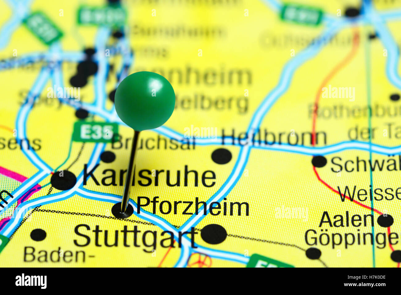Pforzheim pinned on a map of Germany Stock Photo
