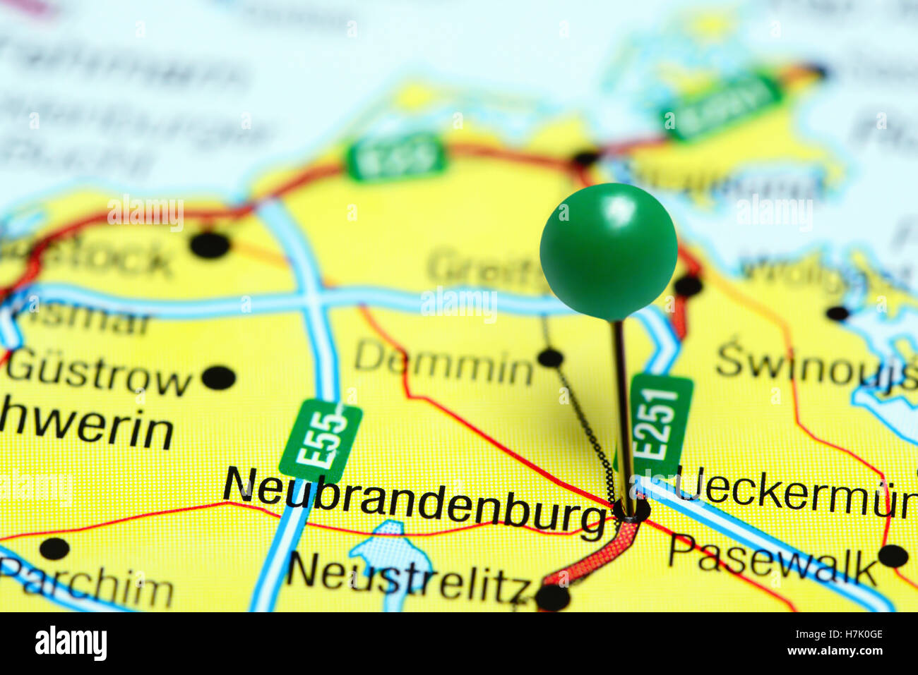 Neubrandenburg pinned on a map of Germany Stock Photo