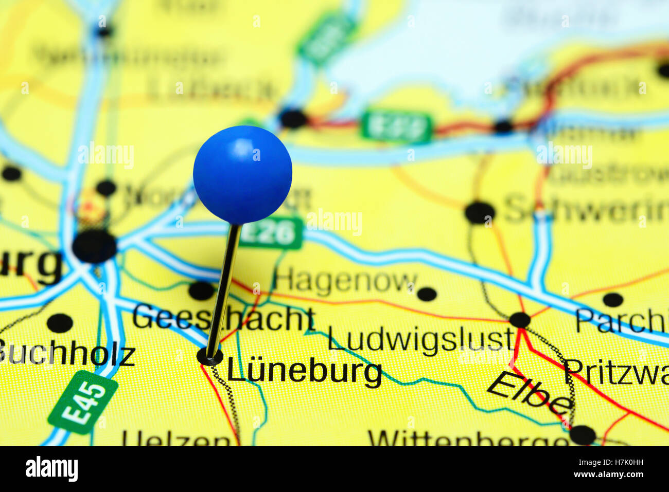Luneburg pinned on a map of Germany Stock Photo